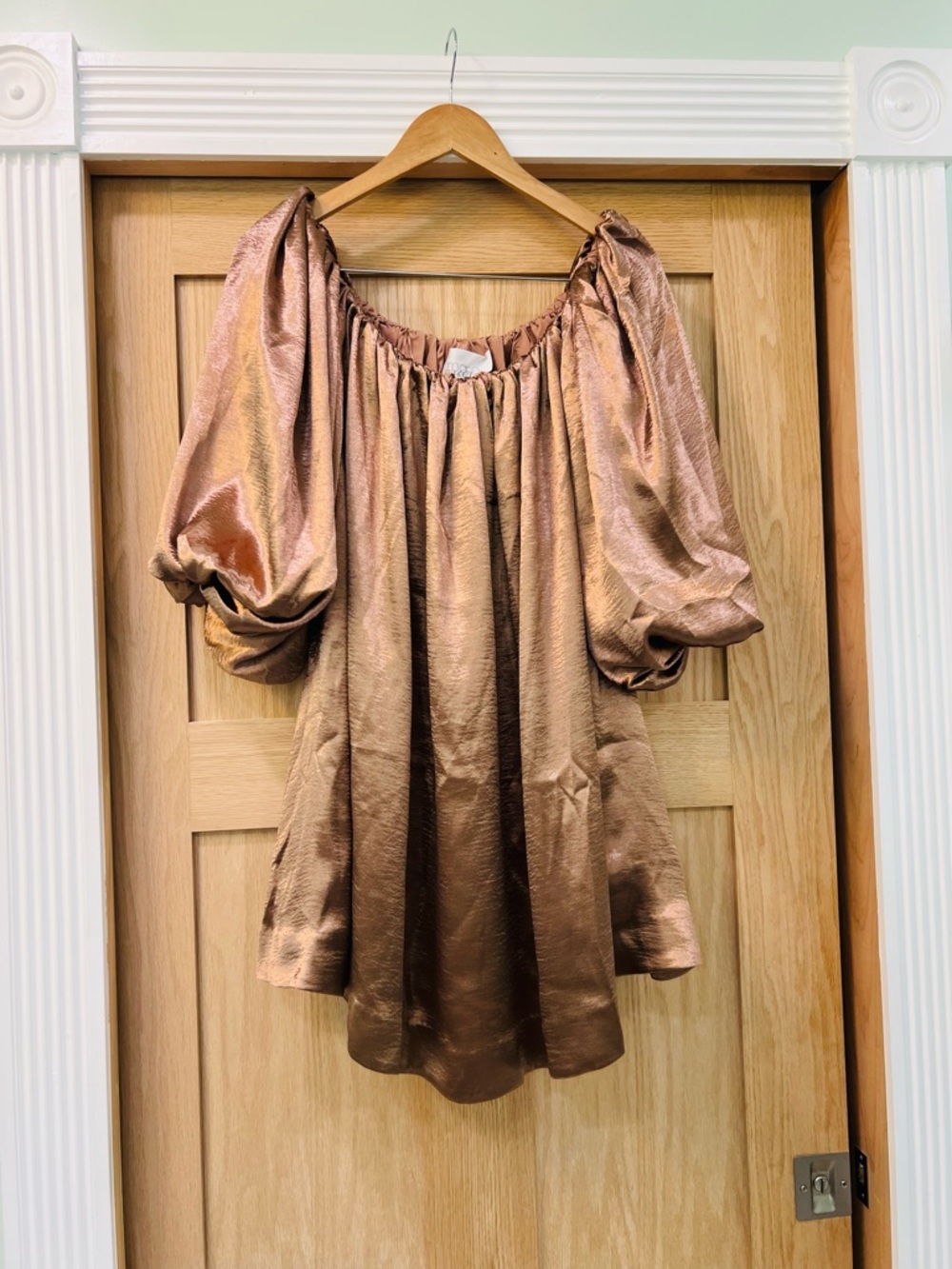 Mare Mare Anthropologie Metallic Bronze Puff Sleeve Mini Dress